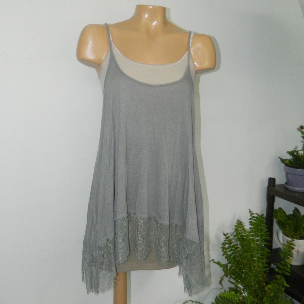 Freshman 1996 Tank Top Women Medium Grey Lace Trim Boho Slub Knit Cami